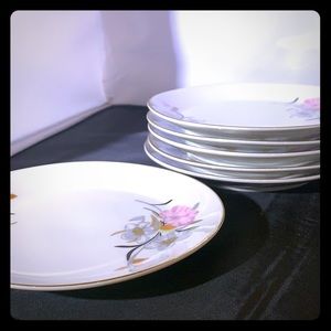 Six small hand painted plates. 6” diameter